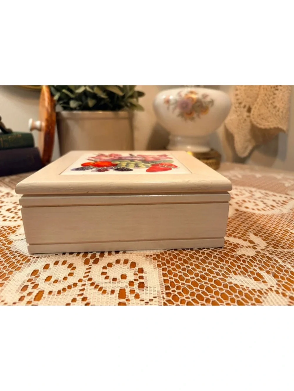 Floral Fruit Tile Wood Jewelry Box Pink Lined Cottage Decor